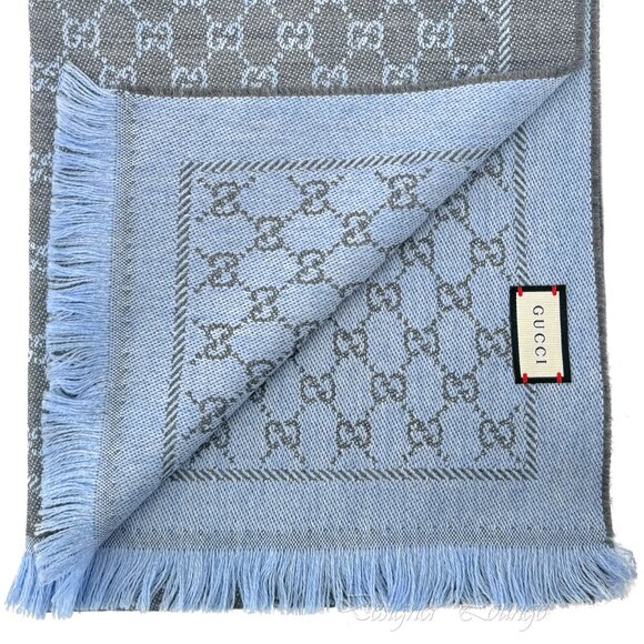 NEW GUCCI Grey Blue Wool GG Monogram Reversible Stencil Scarf $520 Authentic - Picture 6 of 12